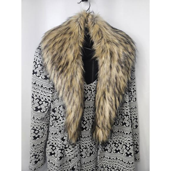Tart Collections Faux Fur Trim Coat Jacket w/ Matching Dress Black & White Aztec - Picture 2 of 11